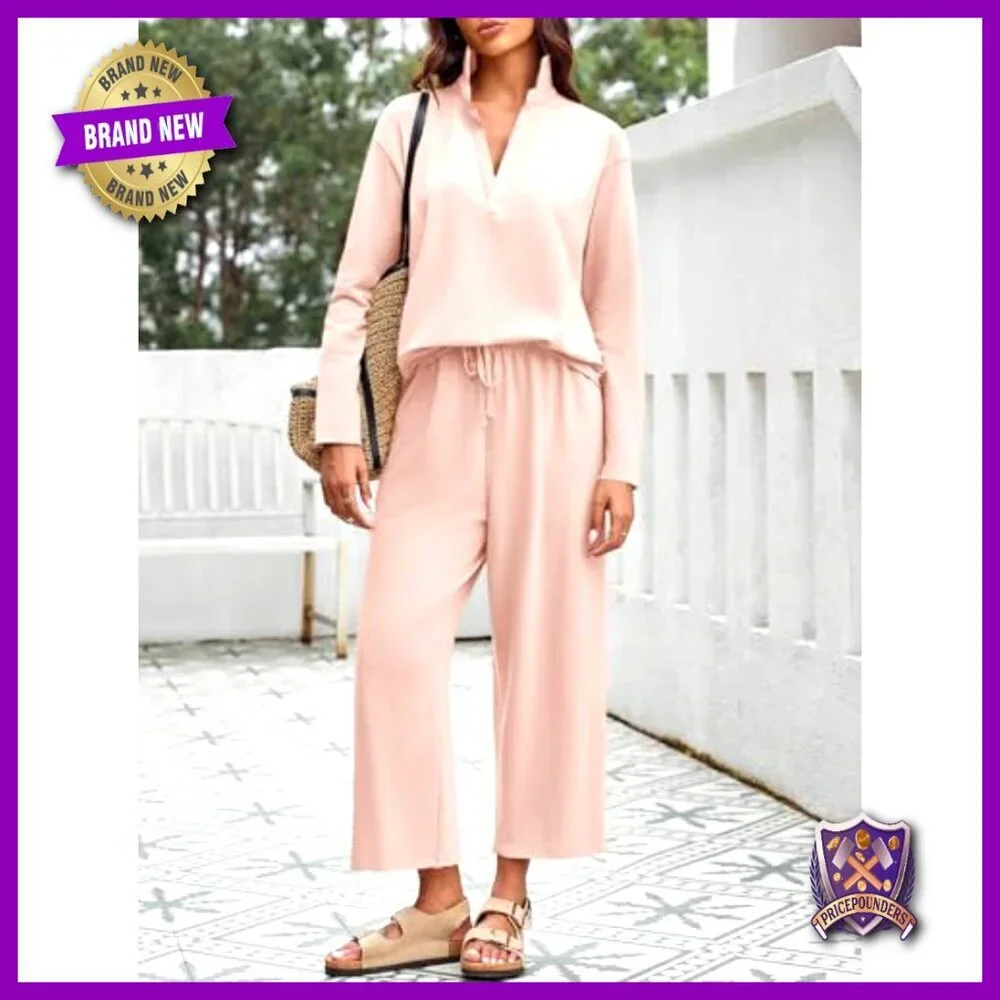 Women's Cotton Blend Tracksuit Set Long Sleeve V-Neck Top Wide Leg Pants